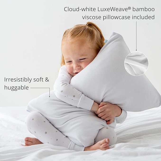 Dreamland Baby Premium Toddler Pillow and White Pillowcase, 13 x 18. Machine Washable, Ergonomic Kids Pillow + Ultra Soft Viscose Pillowcase. Mom-Owned US Business, Premium Materials