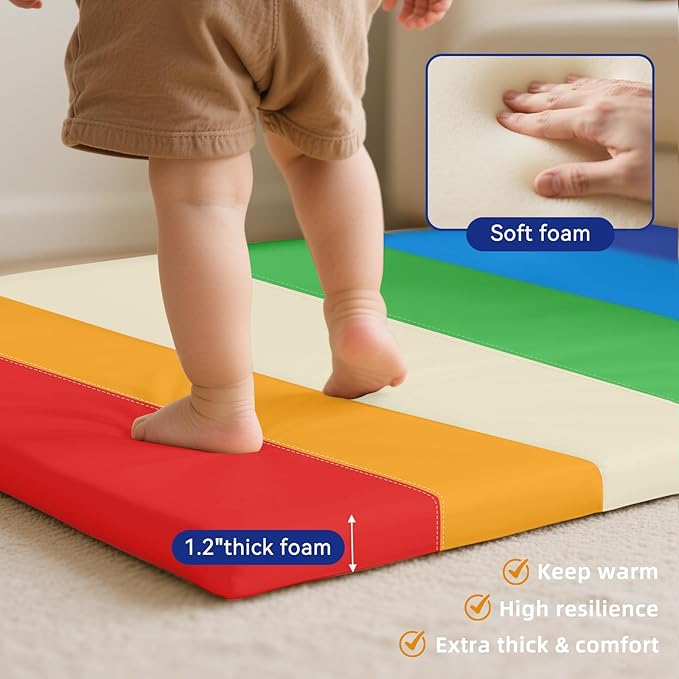 Foam Baby Play Mat: PU Leather Waterproof Kids Playmat - Trifold Floor Mat - Large Play Mat for Playpen Thick Pad Fodable Mattress Soft Toddler Mattress Infant Cushion for Preschool (Rainbow)