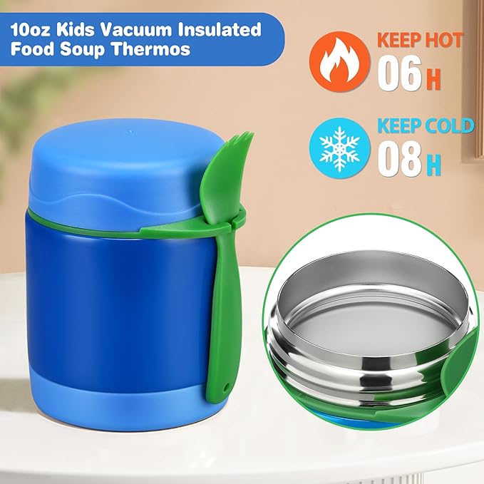 Bento Lunch Box Set With 10oz Soup Thermo, Leak-proof Lunch Containers with 4 Compartment, Kids Hot Thermo Food Jar/Insulation Lunch Bag, Food Containers for School （Blue）