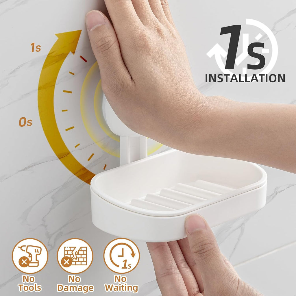 LEVERLOC Soap Dish Holder for Shower Suction Cup Wall Mounted Self Draining NO-Drilling Removable Bar Soap Sponge Holder for Bathroom Bathtub Kitchen Sink Waterproof Strong Vacuum Suction Adhesion