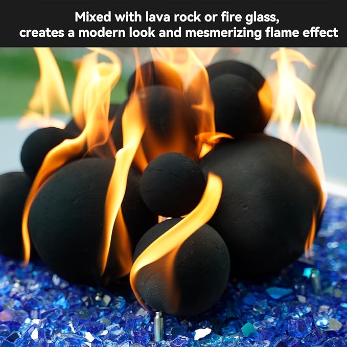 Skyflame 12PCS Ceramic Fireplace Balls, Mixed of 4 Sizes Fire Pit Balls Set for Indoor and Outdoor Fire Tables or Fireplaces Accessory, Black