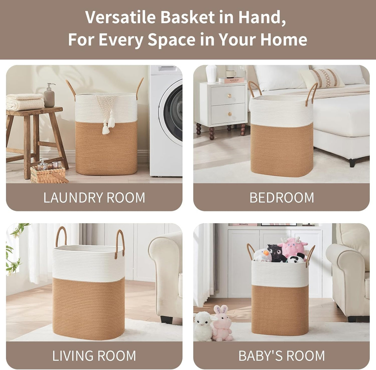 Laundry Basket with Handles - Blanket Basket & Hampers for Bedroom Aesthetic, Laundry Hamper & Blanket Storage for Living Room, Clothes Hamper, Tall, Large 17" x 14" x 22”, White & Jute