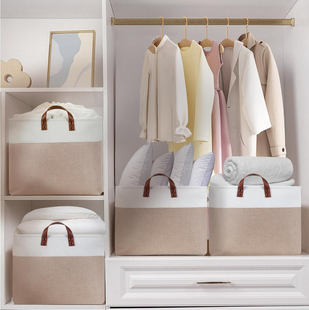 DULLEMELO Extra Large Baskets for Organizing, 22" X 15" X 13" Rectangle Fabric Storage Bins, Foldable Blanket Basket Living Room, Large Kids Toy Storage Organizer Bins, Baby Basket Gift (White&Khaki)