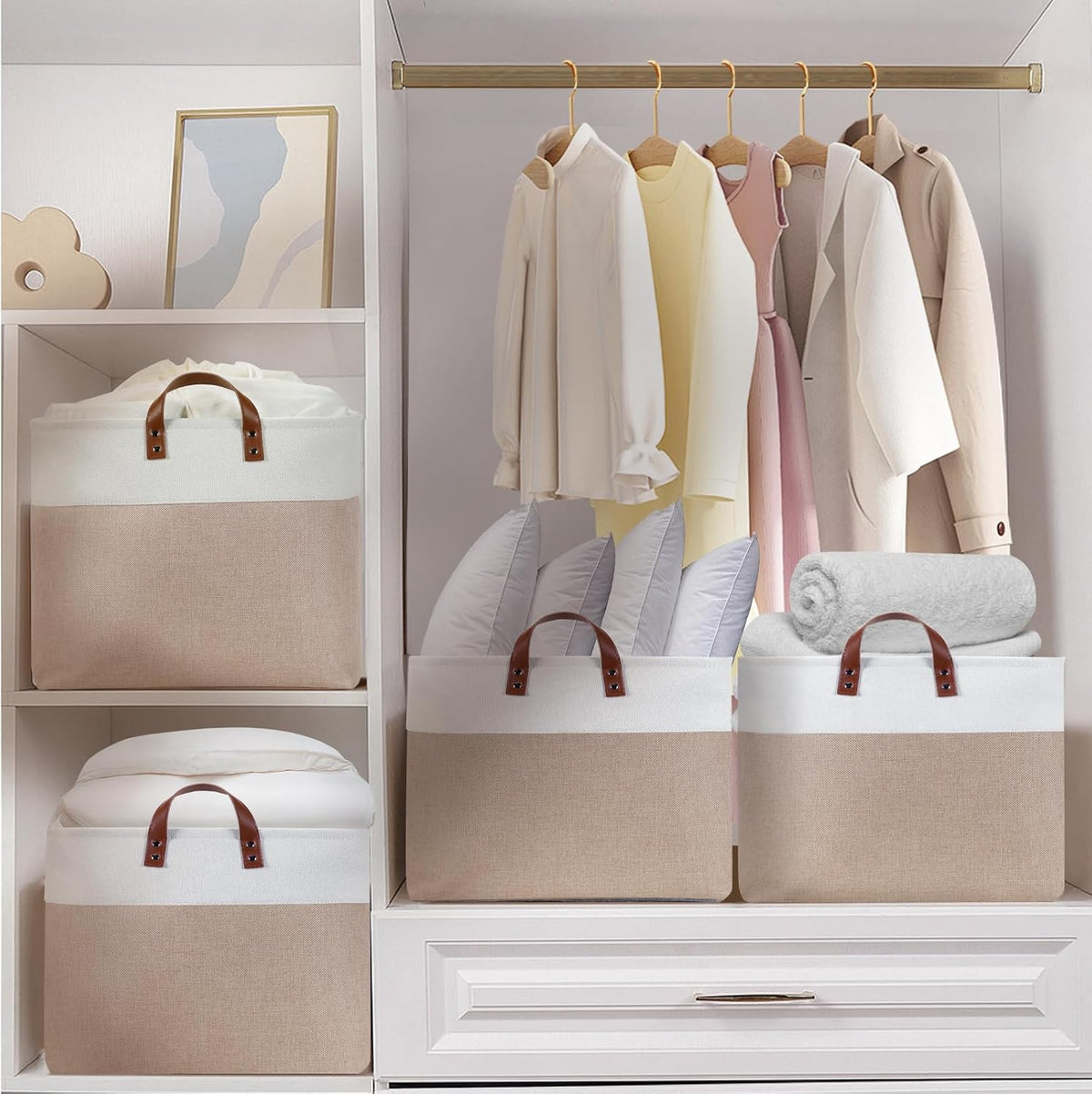 DULLEMELO Extra Large Baskets for Organizing, 22" X 15" X 13" Rectangle Fabric Storage Bins, Foldable Blanket Basket Living Room, Large Kids Toy Storage Organizer Bins, Baby Basket Gift (White&Khaki)