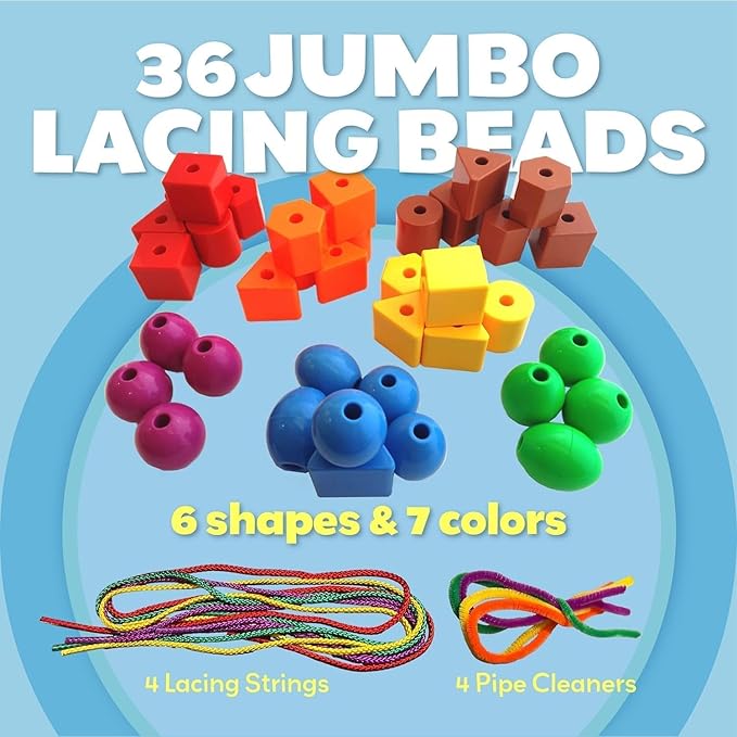 Skoolzy 46 Pcs Lacing Beads - Large Beads for Preschool Learning Activities, Sensory Toys for Toddlers 3-4, Autism Toys for Toddlers 3-4, Ideal for Cognitive and Motor Skills Development