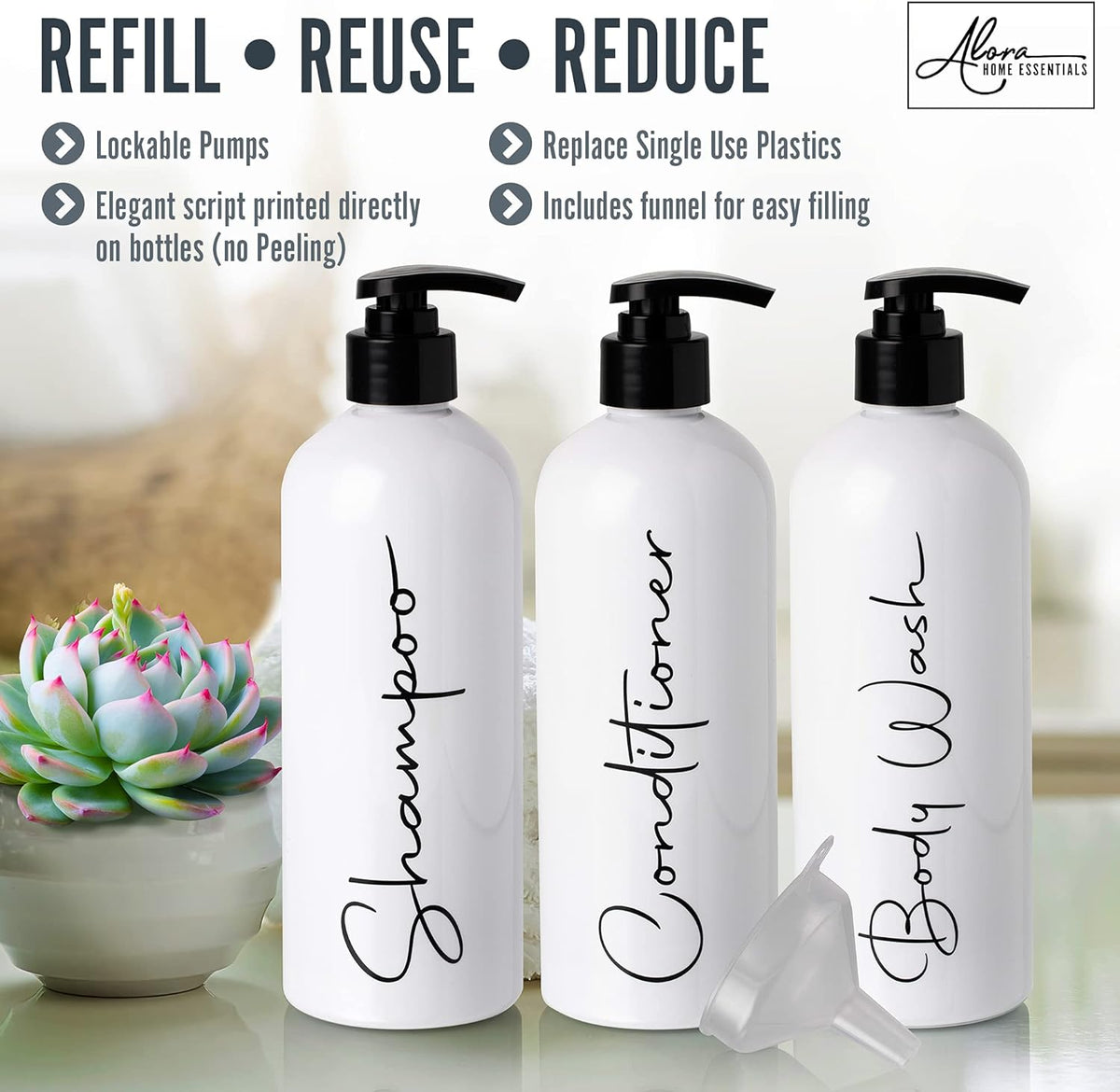 Alora 32oz Reusable Shampoo and Conditioner Bottles - Set of 3 - Easy to Read Labels - Pump Bottle Dispenser for Shampoo, Conditioner, Body Wash - Empty Plastic Refillable Containers for Shower