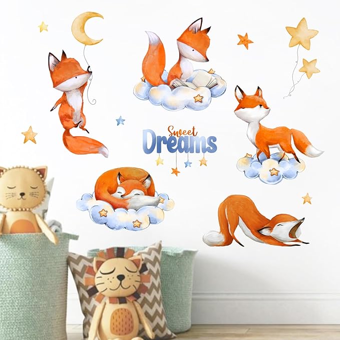 Yovkky Sweet Dream Sleeping Fox Wall Decals Stickers, Cloud Moon Stars Neutral Toddler Baby Nursery Decor, Cute Home Decorations Kids Bedroom Playroom Art