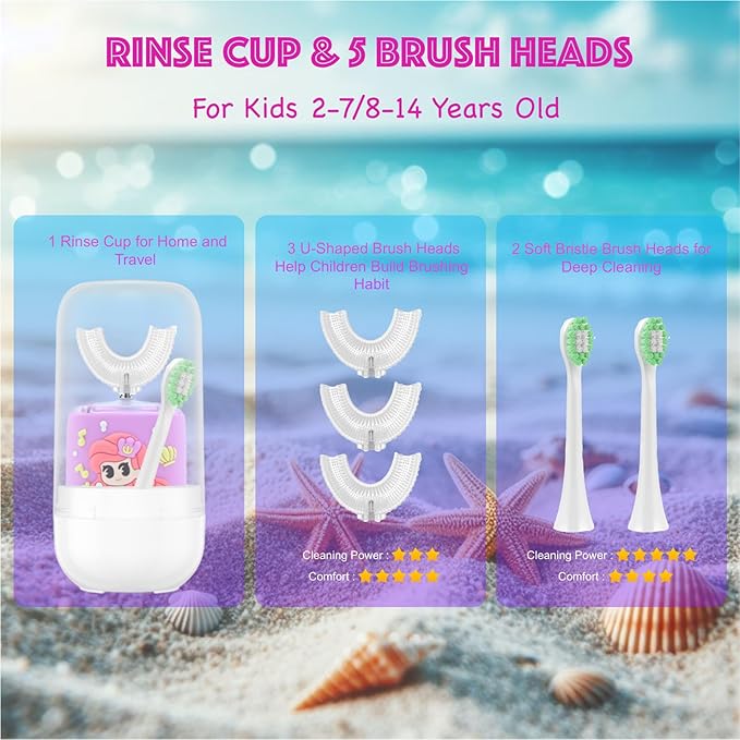 Kids Electric Toothbrush, U Shaped Toothbrush Kids Sonic Automatic Brush with Cup 5 Brush Head 6 Sonic Clean Modes IPX7 Waterproof Mermaid Design Rechargeable Smart Timer for Children 2-7