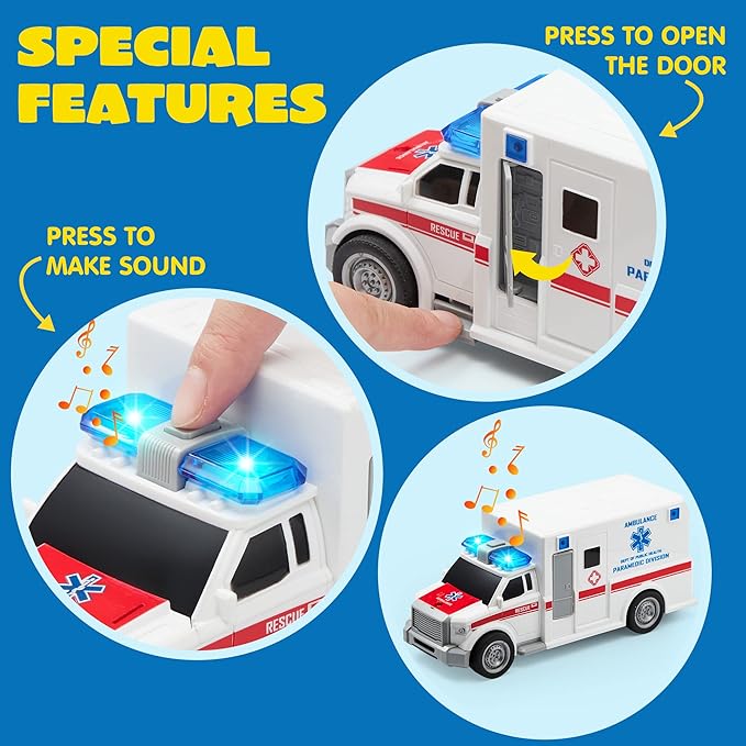 JOYIN 4 Packs Emergency Vehicle Toy Playsets, Friction Powered Vehicles with Light and Sound, Including Fire Truck, Ambulance, Play Police Car and Helicopter, Christmas Toddler Kids Boys Gifts