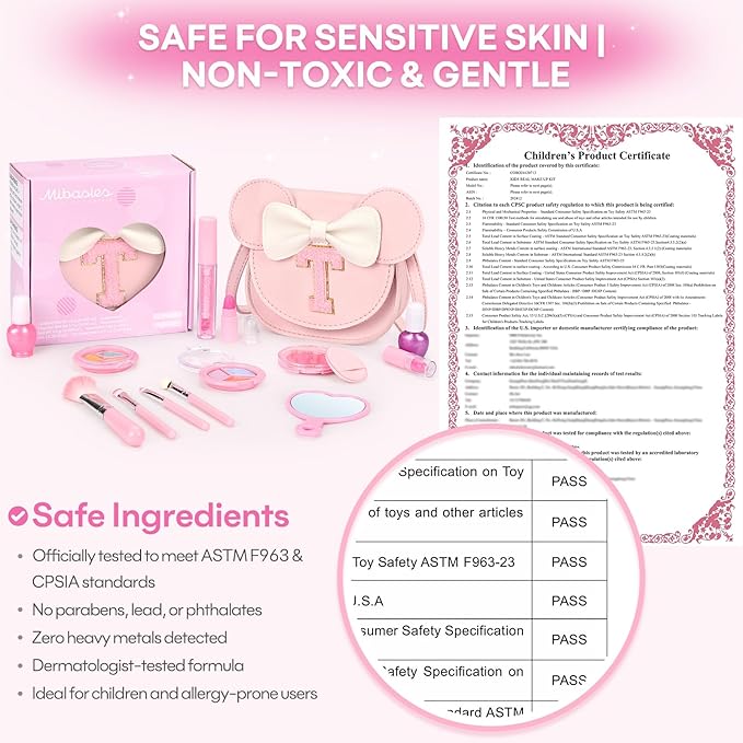 Kids Makeup Kit for Girls - 15 Pcs Real Washable Make Up Set - Non Toxic Toddlers Cosmetic with Letter Mouse Ear Purse - Dress up Birthday Gifts for 3 4 5 6 7 8 Years Old Girls - T