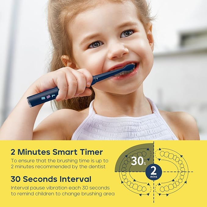 SEAGO Kids Electric Toothbrush, Sonic Soft Bristle Rechargeable Toothbrushes with DIY Stickers, 5 Modes, Includes 4 Replacement Brush Heads, Ages 3 to 12 Years Old (Navy)