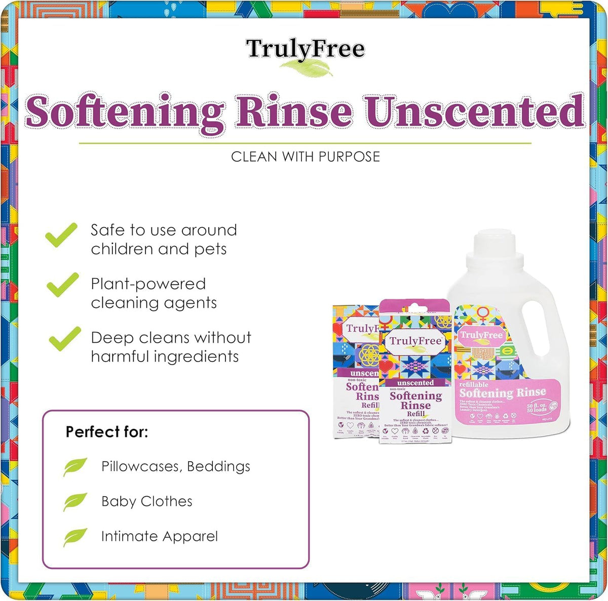 Truly Free Fabric Softening Conditioner for Clothes| Safe for Babies & Kids with Sensitive Skin | Plant-Based | Includes 4 Refills | Unscented Rinse(200 Loads)