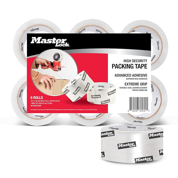 Master Lock Heavy Duty Packing Tape, 2 in x 55 yd, 2.7 Mil Thick Strong Shipping Tape, 6 Clear Tape Rolls