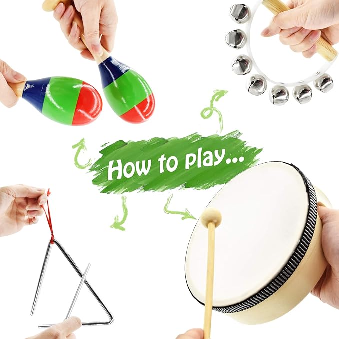 MUSICUBE 7 Pcs Musical Instrument Toys Set for Kids Wooden Percussion Instrument with Hand Drum, Maracas, Triangles, Hand Bell Educational Instrument for Toddler Birthday Gift for Boys Girls Aged 3+