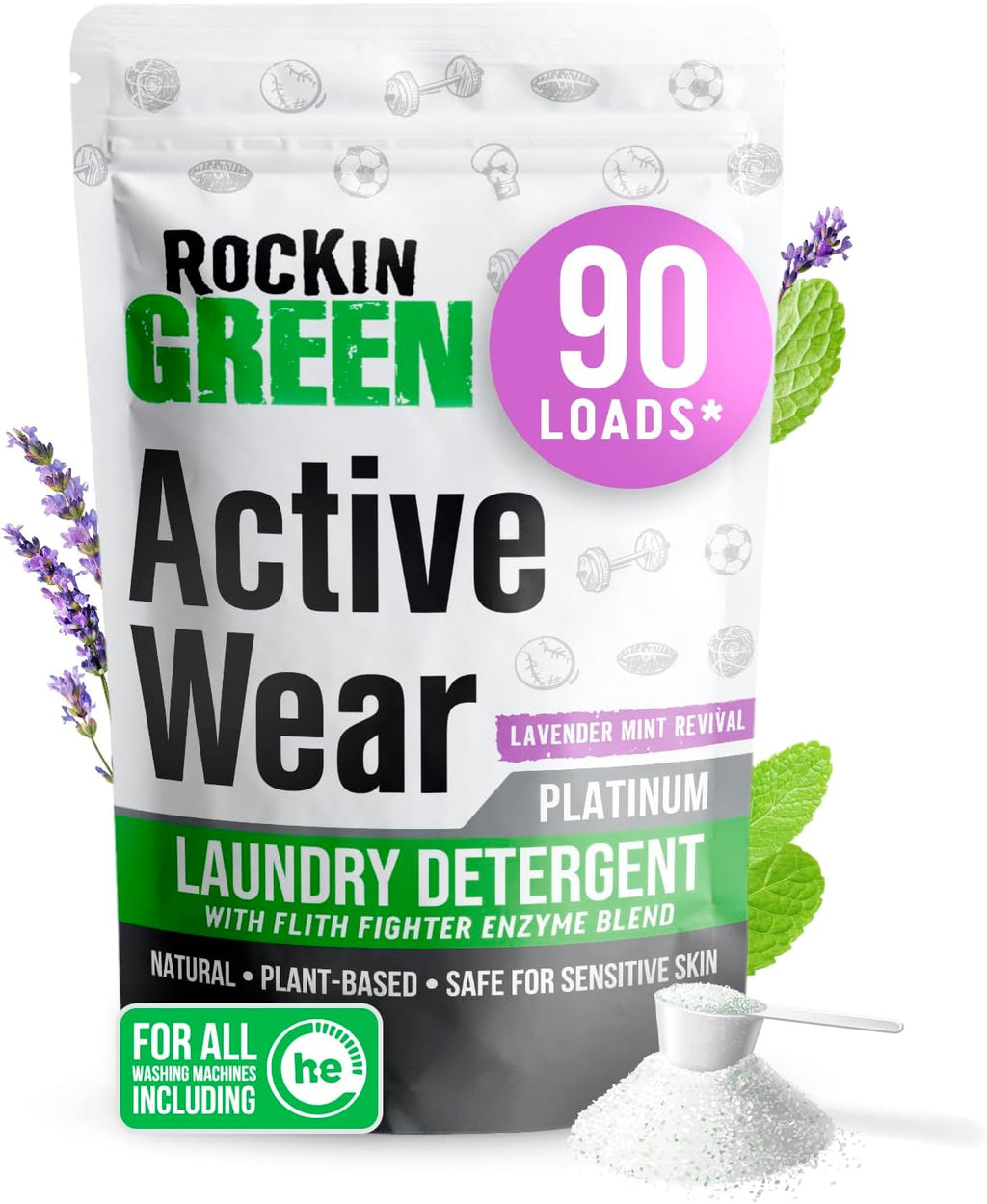 Rockin' Green Laundry Detergent, Plant based, All Natural Laundry Detergent Powder, Vegan and Biodegradable Odor Fighter, Safe for Sensitive Skin (Active Wear 90 Loads - Lavender Mint)