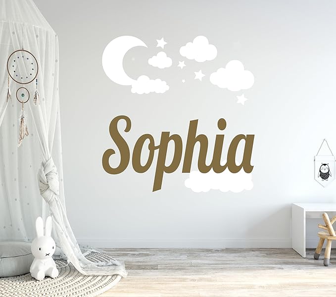 Custom Name with Moon Clouds and Stars - Nursery Baby Name Wall Art - Wall Decal for Nursery Bedroom playroom Decoration (Wide 20x20inch Height)