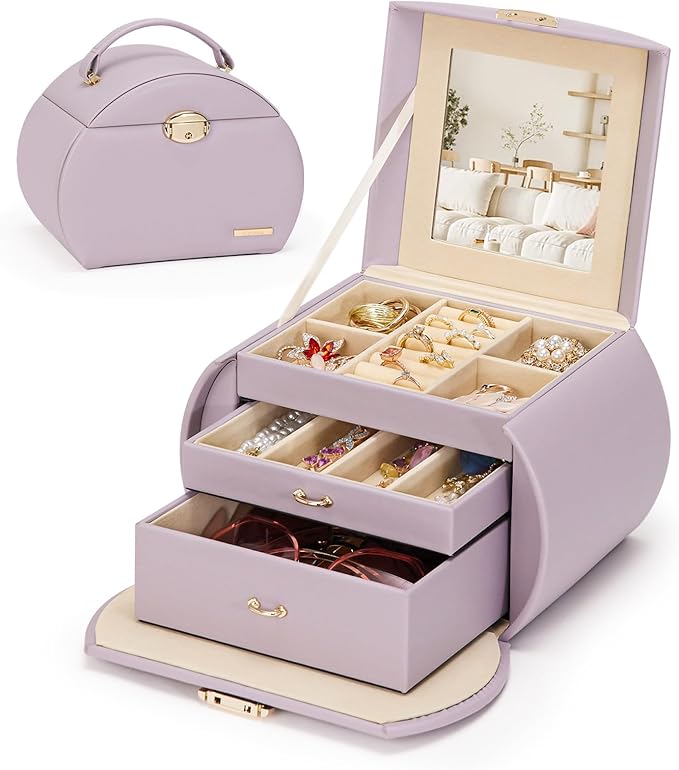 Homde Girls Jewelry Box Jewelry Storage Case Organizer Faux Leather with Mirror for Rings, Earrings, Bracelets, Necklaces (Grey Purple)