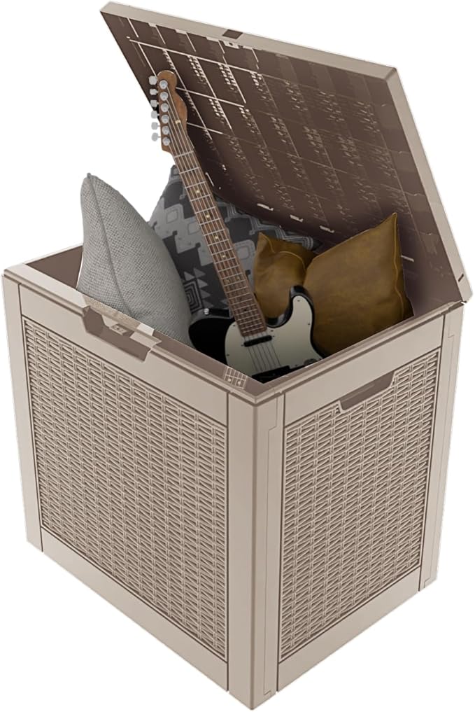 30 Gallon Wicker Pattern Resin Deck Box, Lockable Patio Outdoor Storage Box for Furniture, Garden Tools and Tools Storage, Waterproof Outside Storage Box - Grey Rattan
