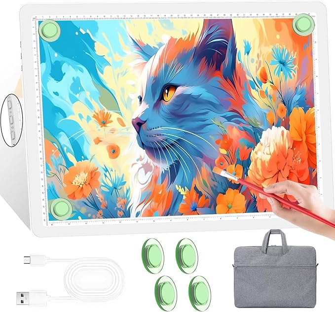 KOBAIBAN A3 Magnetic Light Pad with Bag, Rechargeable Diamond Art Light Board with Side Physical Buttons, 3 Color Light Modes Super Bright Light Table Light Box for Tracing, Drawing, Sketching (White)