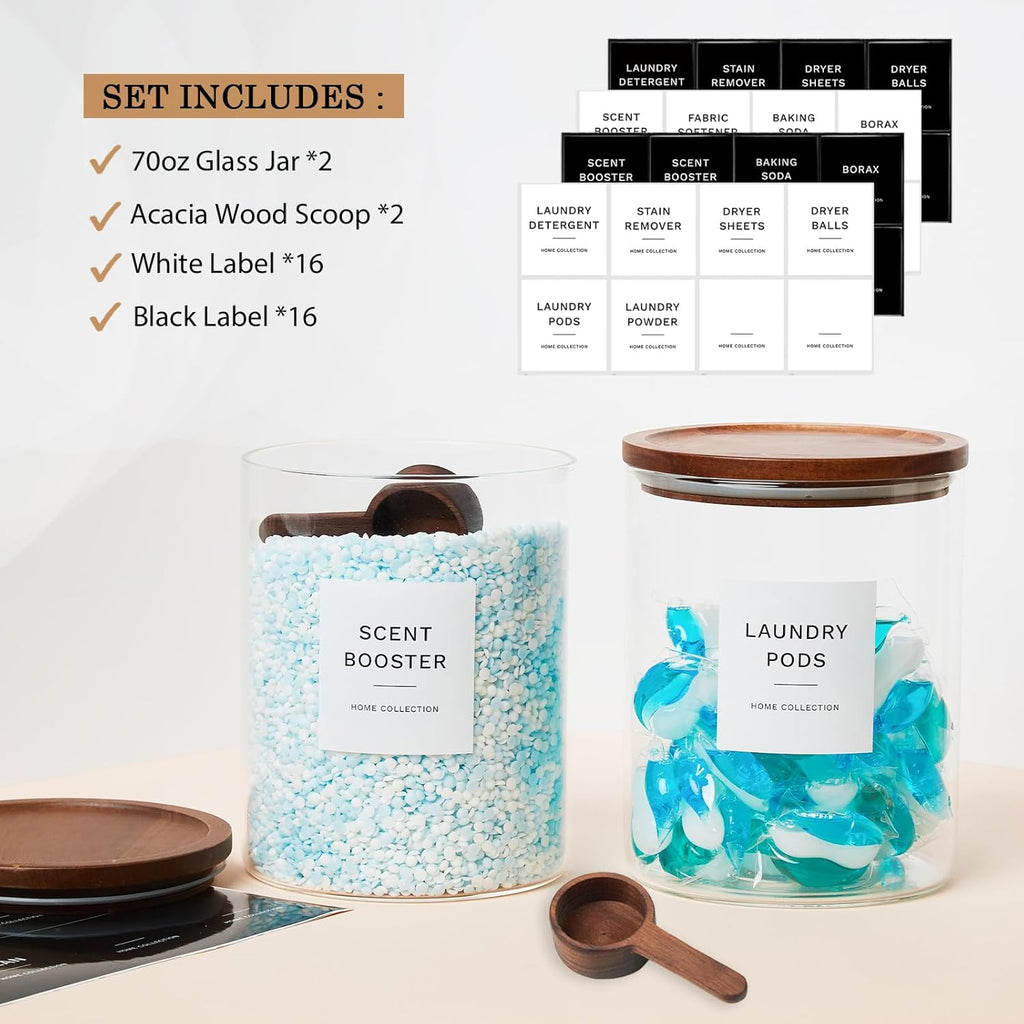 Glass Laundry Storage Containers with Acacia Lids and Scoops, 2 Pack Laundry Room Organization Jars with Labels, Powder Detergent Organizer and Laundry Pod Holder, Glass Laundry Beads Canisters Set
