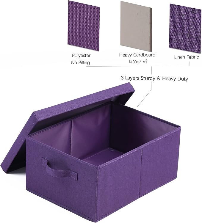 HOONEX Storage Bins with Lids for Organizing, Pack of 2, Storage Boxes with 2 Carry Handles and Sturdy Heavy Cardboard, 16.5" L x 11.8" W x 7.5" H for Shoes, Books, Clothes, Nursery, Dark Purple