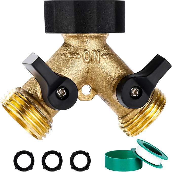 Dalmbox Garden Hose Splitter 2 Way, Y Connector Brass Garden Hose Adapter, Water Hose Splitter, Double Shut Off Valve, Includes 3 Rubber Washers & Teflon Tape(1 pack)