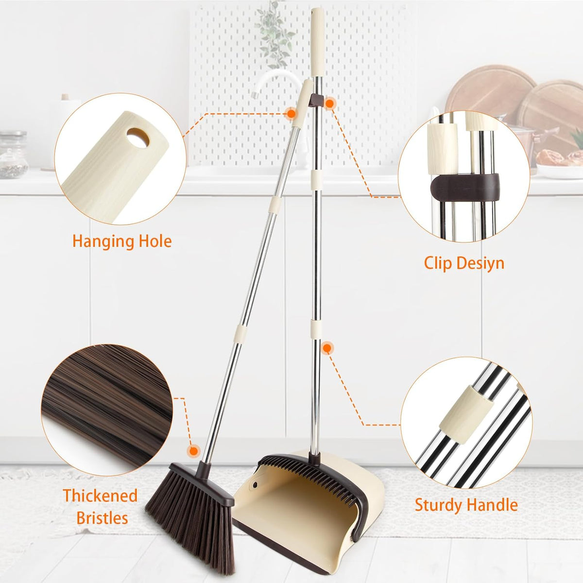 Broom and Dustpan Set, Dustpan Combo with 51" Stainless Steel Long Handle Brooms with 5-Layer Soft Bristles for Home Office Kitchen Bathroom(Beige)
