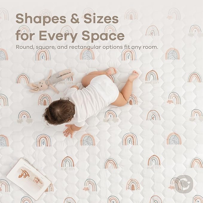 Comfy Cubs Square Kids Play Mat - 56 x 56 inches Soft Quilted Baby Floor Mat with Non-Slip Bottom - Plush Design for Toddlers' Playtime and Relaxation - Comfortable and Durable - Rainbow