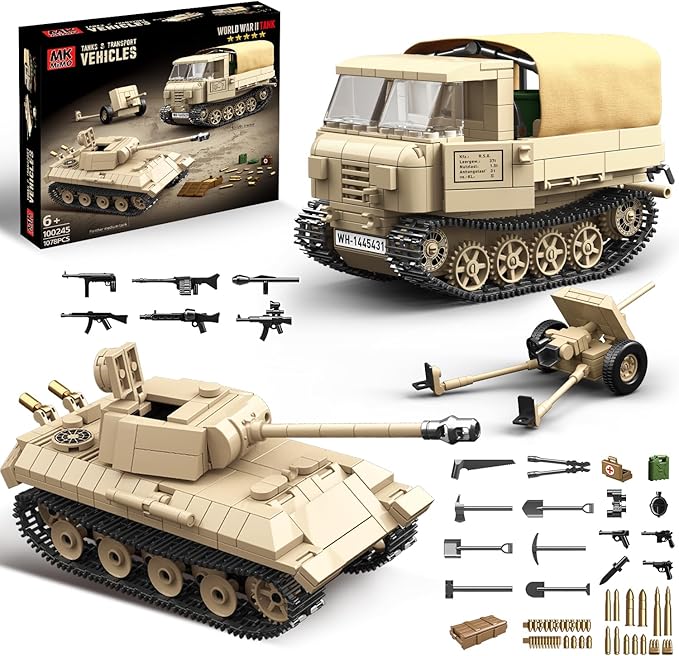 WW2 Panther Medium Tank & RSO Tractor Vehicle Building Blocks, Compatible with Lego Military Set, Great Army Gift for Kids and Teens Over 8 Years Old (1078 Pieces)