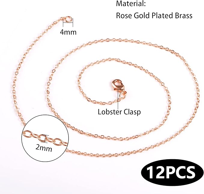 ALEXCRAFT 12PCS Rose Gold Plated Solid Brass Chians Hypoallergenic Flat Cable Chain Link Bulk for Jewelry Making (18"(2MM))