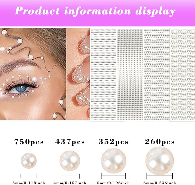 1799pcs Self Adhesive Face Pearl Gems Stickers, Hair Gems Rhinestones Stickers, Bling Jewels for Makeup, Crafts, Home Decor Scrapbooking Embellishments, 4 Sizes 3mm/4mm/5mm/6mm(Beige Pearl)