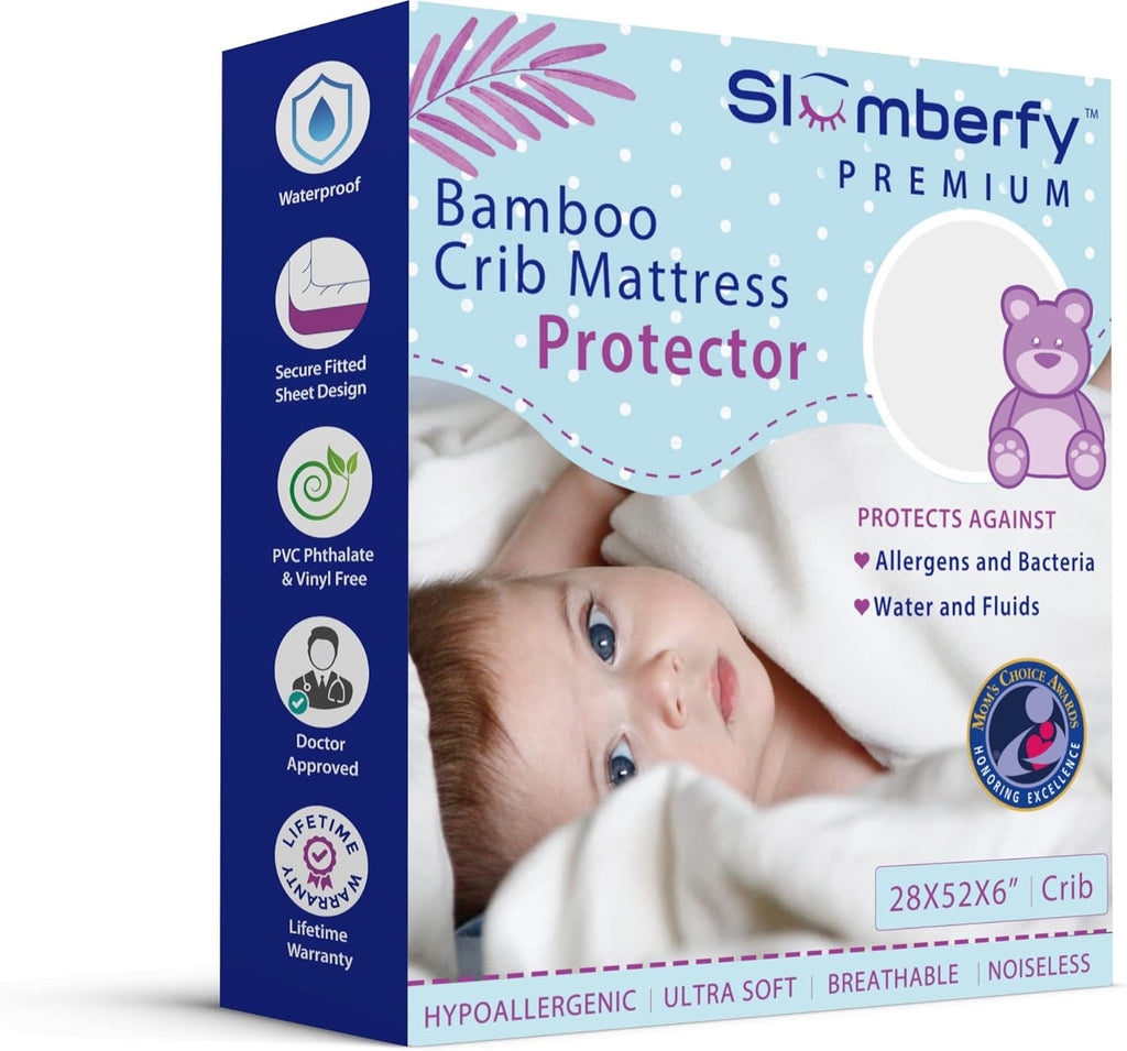 Bamboo Crib Mattress Protector by Slumberfy, Waterproof and Hypoallergenic Mattress Protector for Babies and Toddlers, Made of Bamboo Material, Mom's Choice Award Winner-29x52x6 inches