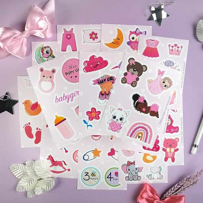 BulbaCraft Baby Girl Stickers, 100Pcs Multicolor Vinyl Decals, Waterproof, Reusable, Multipurpose for Scrapbooking and Party Decor, Newborn, Baby Shower Favors for Girls, Baby Girl Month Stickers