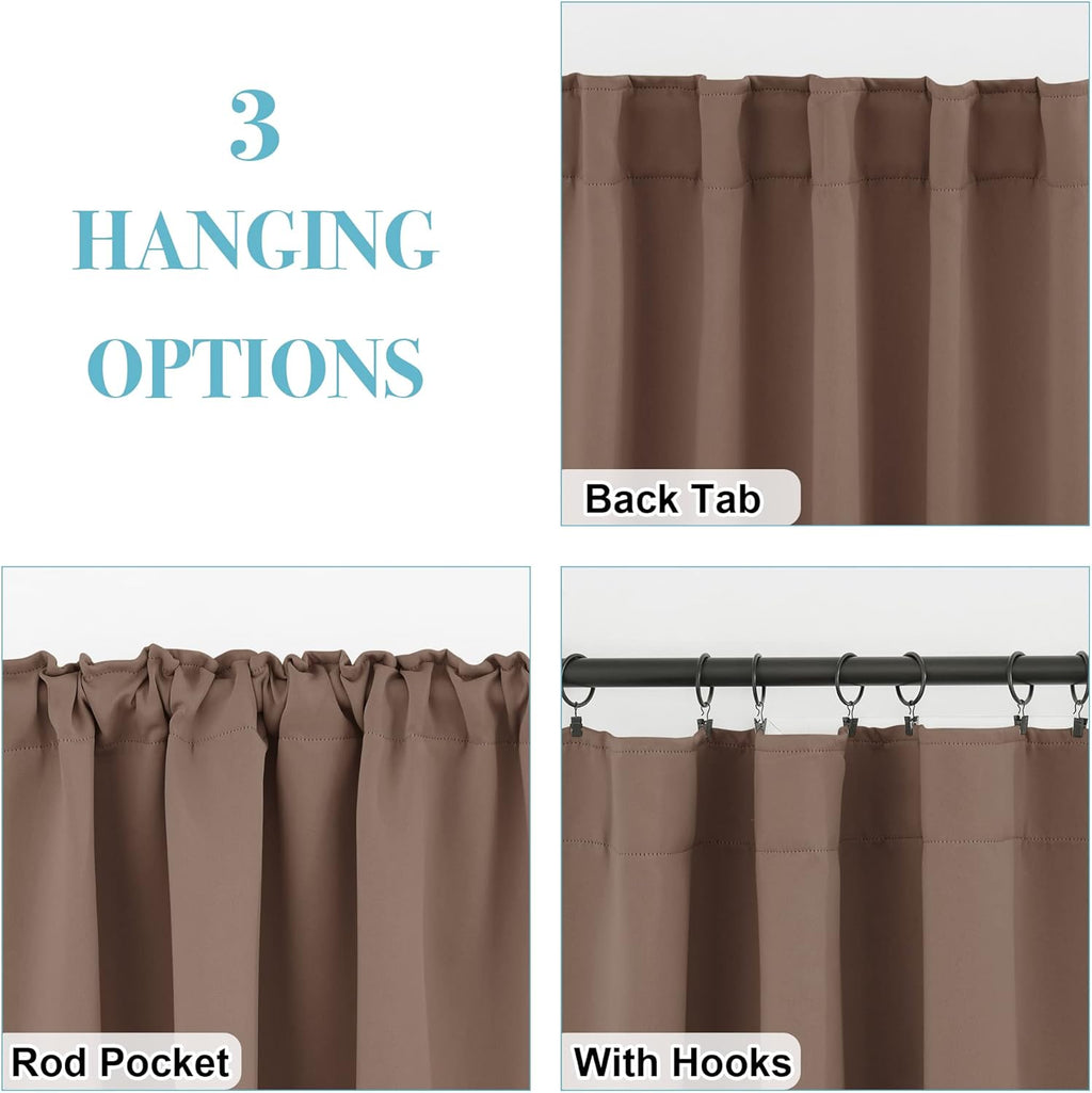 RYB HOME Farmhouse Curtains Blackout - Light Block Thermal Insulated Curtains for Kitchen Cafe Bar Bedroom with Back Tab Top Versatile Hanging, Width 42 x Length 45, Mocha, 2 Panels