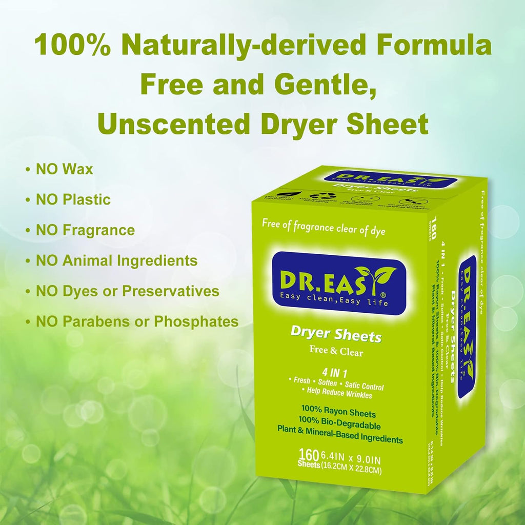 Dr.Easy Dryer Sheets Free & Clear Plant Based all ingredients for Sensitive Skin 160 Ct 100% Rayon Fabric Softener sheet unscented & no dyes Reduce Static & Wrinkles Soften Clothes Help Repel Pet Hair