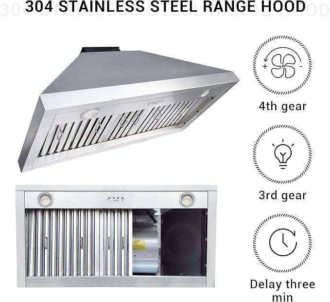 CHETTO C Stainless Steel Range Hood Cover with 4-Speed Vent Hood Insert Custom Handcrafted Metal Kitchen Fan with Towel Rack LED Light 36"W x24"D x24"H White Wall Mount
