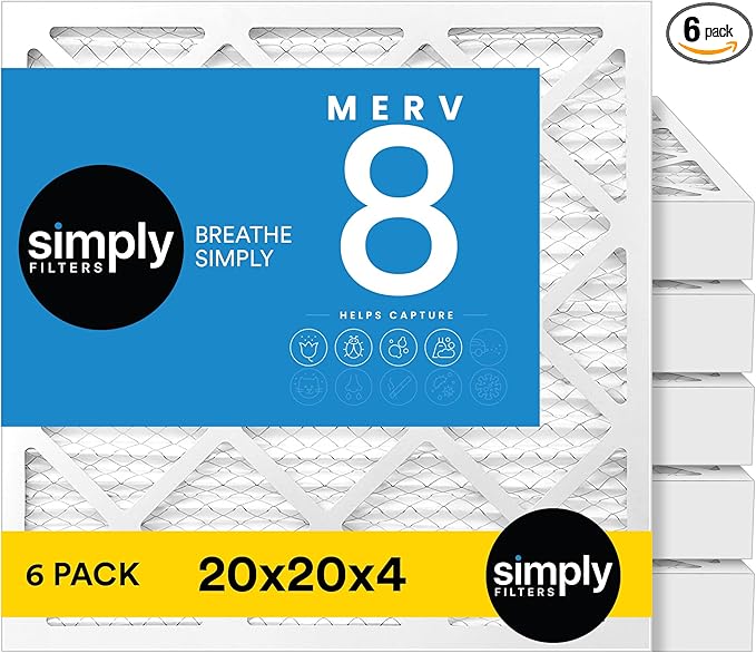 Simply 20x20x4 Air Filter, MERV 8, 6 Pack, Furnace Air Filter for HVAC (Actual Size:19.5"x19.5"x3.63") DUST, Pet, & Allergy Control