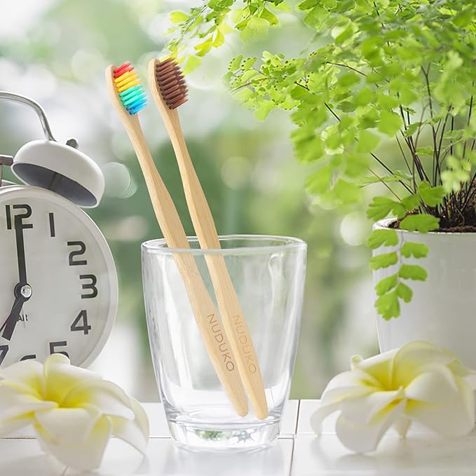 Biodegradable Bamboo Toothbrushes, 10 Piece BPA Free Soft Bristles Toothbrushes, Natural, Eco-Friendly, Green and Compostable (Multicolored Bristles)