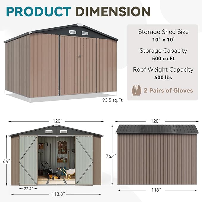 10x10 FT Outdoor Storage Shed, Utility Steel Tool Shed with Lockable Door and Air Vents, Galvanized Metal Shed for Garden Backyard Patio Lawn (10'x10', Brown)