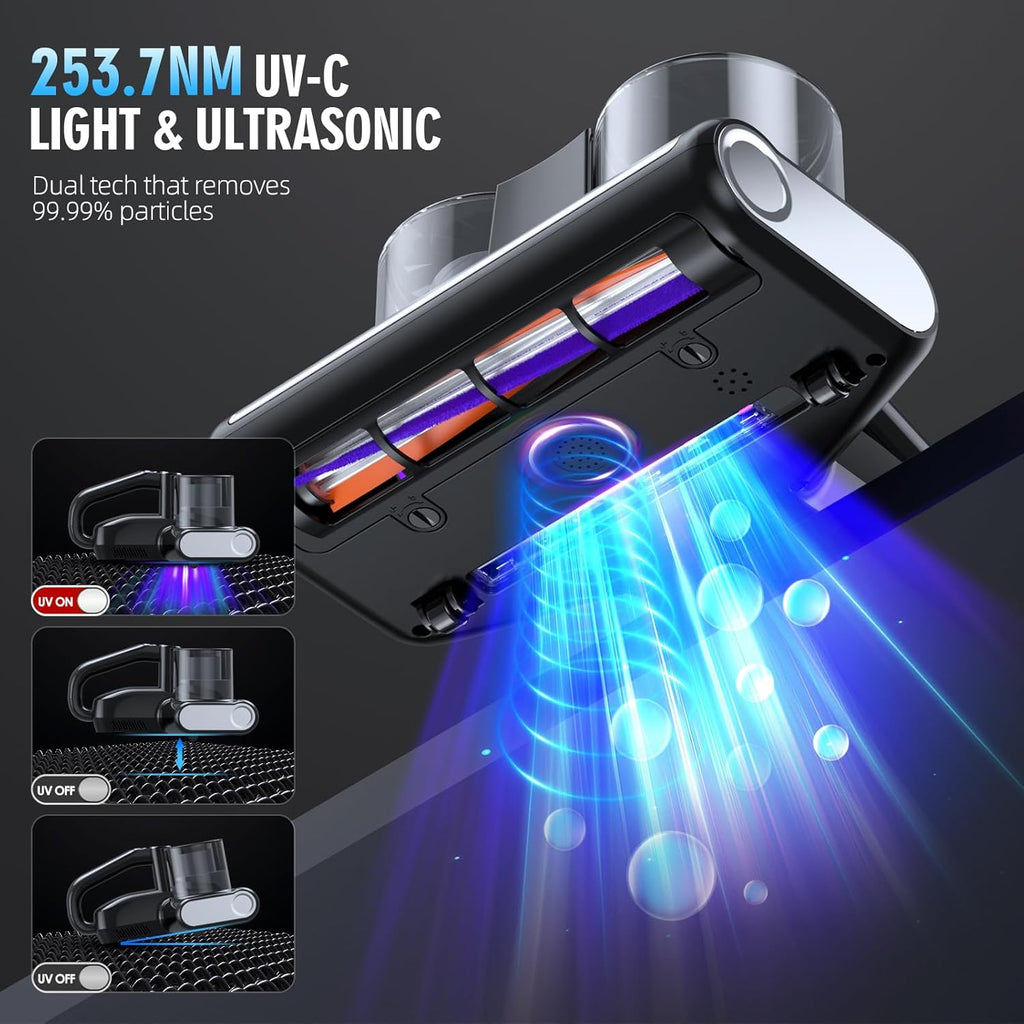 Mattress Vacuum Cleaner, 16Kpa Bed Vacuum Cleaner with 253.7nm UV-C Light & Heating & Ultrasonic Quintuple Tech & 30000 RPM/Min Brushroll Rotation, 500W, Corded