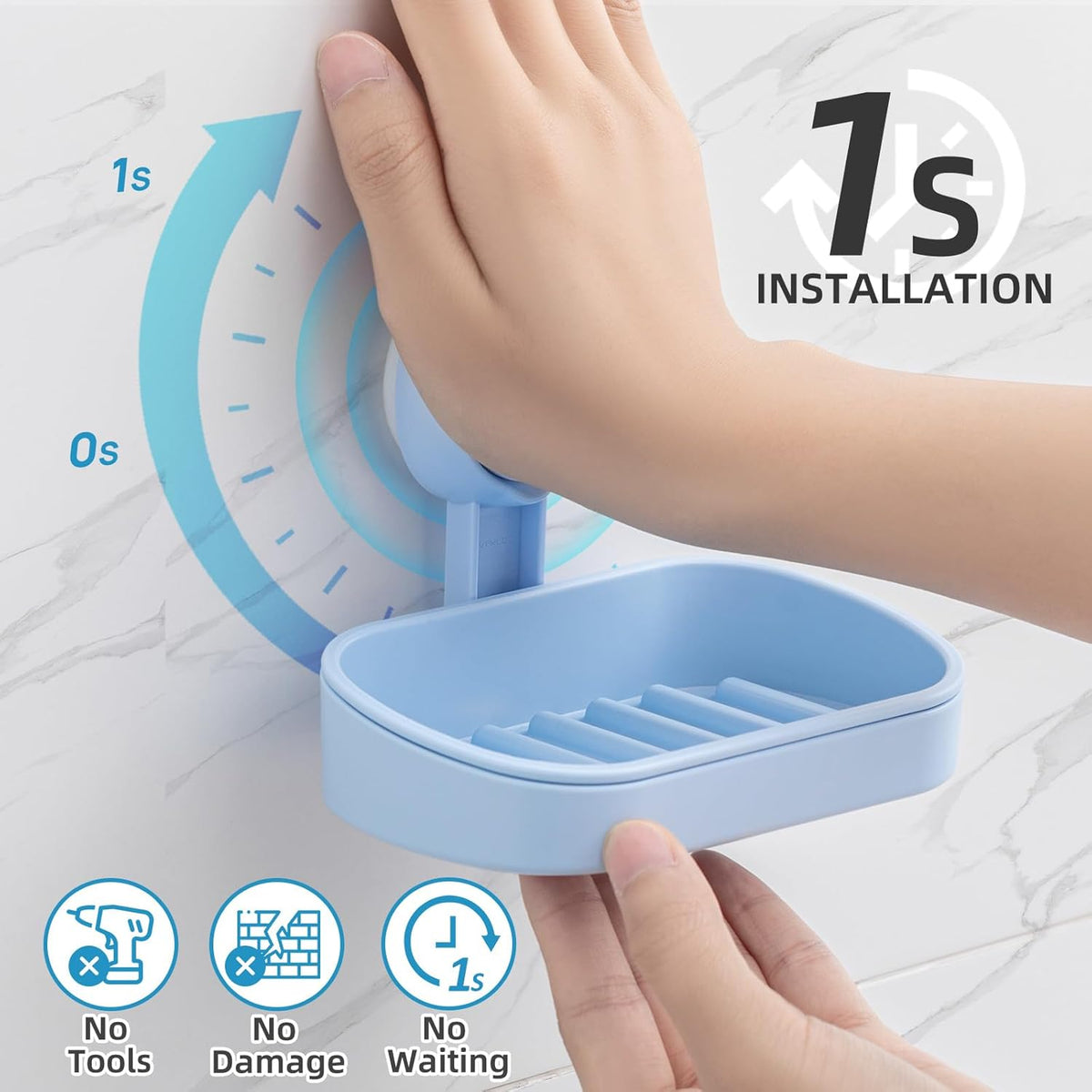 LEVERLOC Soap Dish Holder for Shower Suction Cup Wall Mounted Self Draining NO-Drilling Removable Bar Soap Sponge Holder for Bathroom Bathtub Kitchen Sink Waterproof Strong Vacuum Suction, Blue