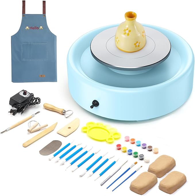 Alldeer Mini Pottery Wheel Machine - 6" Upgraded Clay Wheel for Beginners & Kids, 75W Motor, Adjustable Speed, Low Noise Ceramic Making Kit with 18PCS Sculpting Tools, Ideal for Home DIY