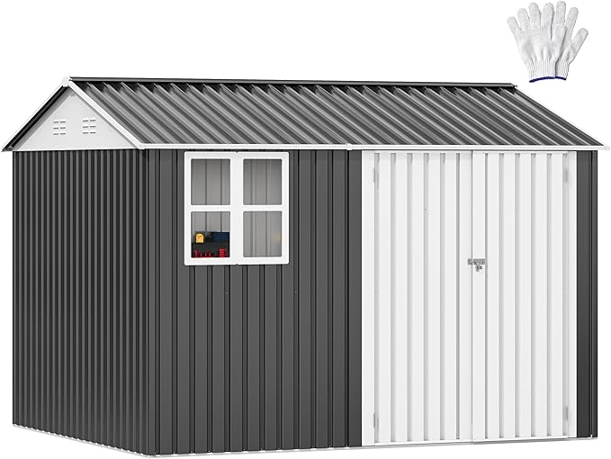 DWVO 10x8ft Metal Outdoor Storage Shed with Window, Lockable Tool Storage Sheds, Oversized Steel Garden Sheds with Sloped Roof for Backyard, Patio, Garage, Lawn (Gray + White)
