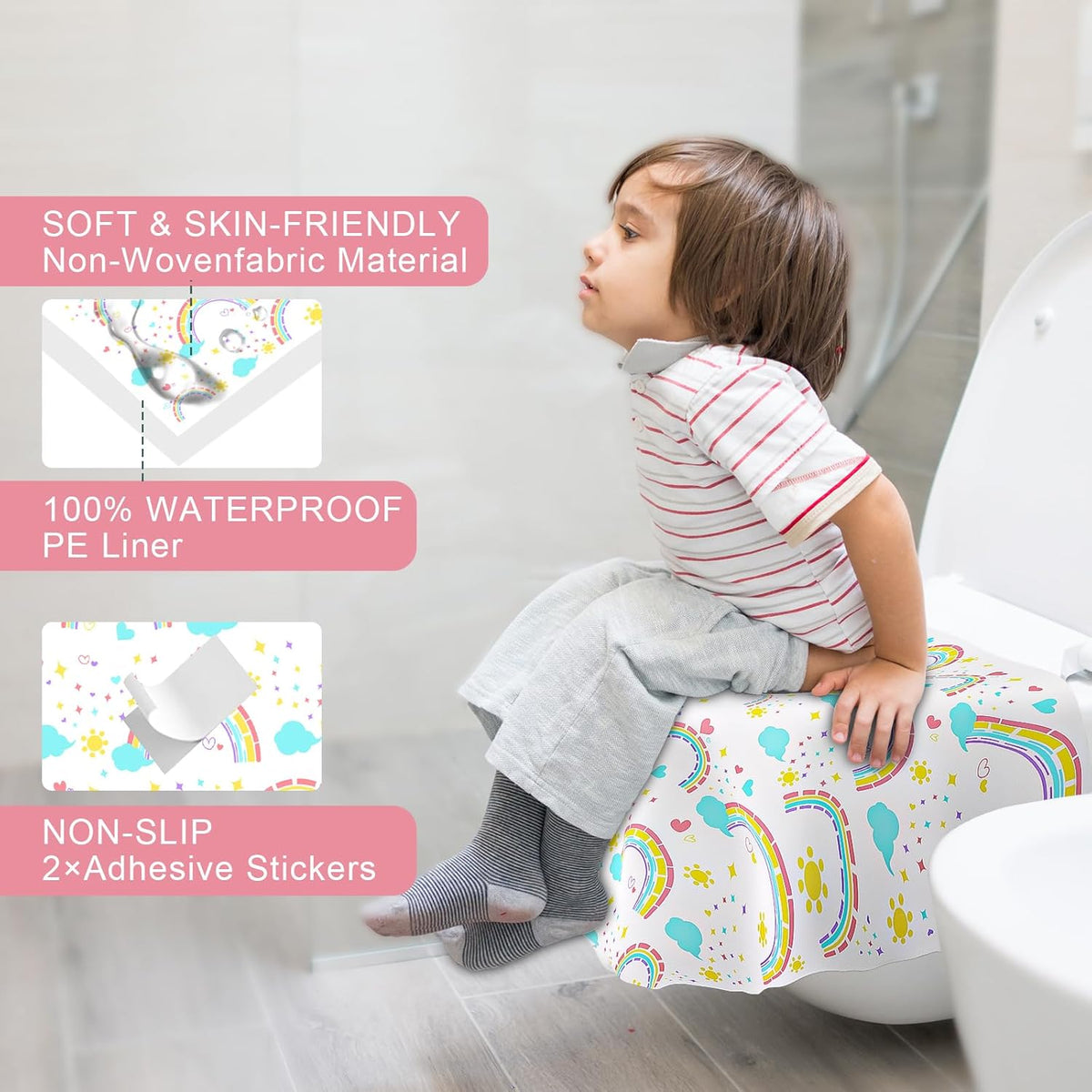 50 PCS Disposable Toilet Seat Covers, Extra Large Portable Potty Seat Covers for Toilet, Bathroom, Toddler & Kid Potty Training Seat Cover, Travel Essentials for Airplane, Trip-Rainbow