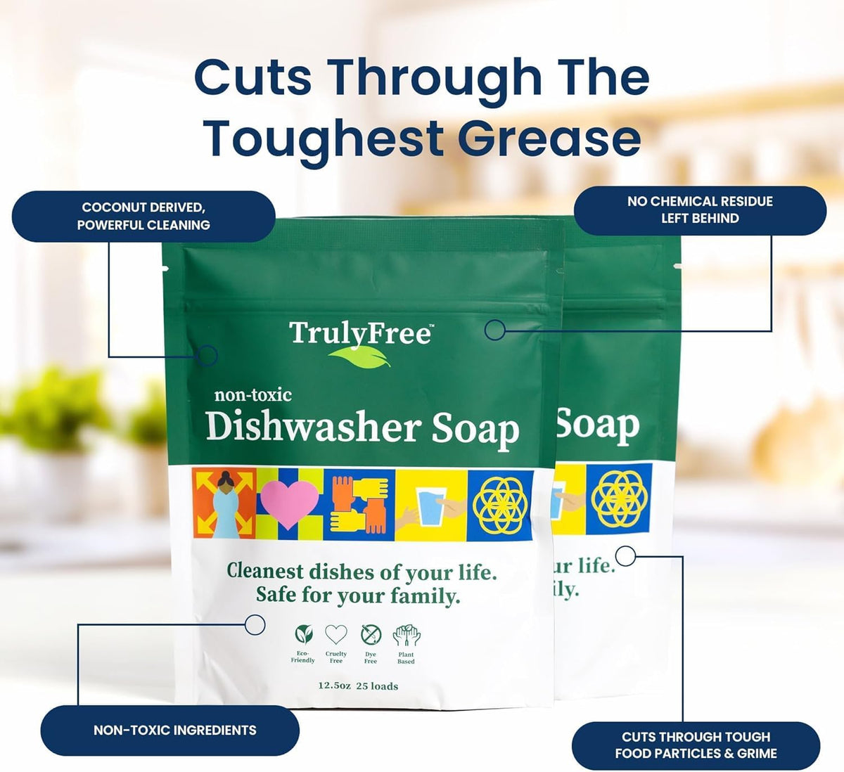 Truly Free Dishwasher Detergent Powder | Natural Dish Detergent, Dishwasher Soap | Plastic Free, Plant-Based, Clean, Heavy Duty Hard Water Stain & Grease Remover | Fragrance Free | 12.5 oz (Pack of 1)