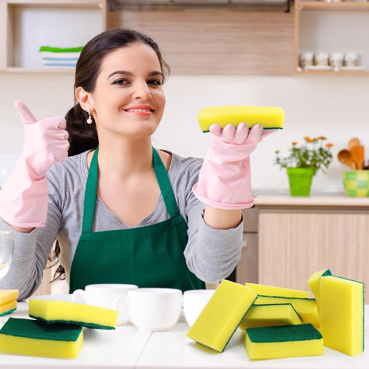 Tanlade 60 Pcs Individually Wrapped Sponge Dishwashing Sponge Bulk Non Scratch Scrub Sponges Kitchen Scouring Pad for Household Cleaning Rental Dishes Hotel Apartment Car (Yellow,Green)