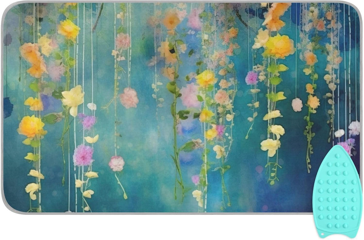 Kigai Watercolor Fowers Ironing Blanket Thick Portable Ironing Pad Travel Ironing Mat with Silicone Pad Heat Resistant Ironing Board Cover for Table Top, Washer, Dryer, 27.6" x 47.2"