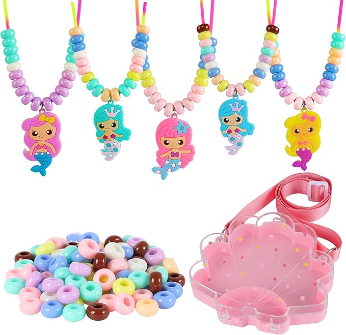 FLYINGSEEDS Mermaid Necklace Making Kit for Little Girls, Beads Jewelry Toys with Shoulder Box, Beaded Arts and Crafts Best Gifts for Toddlers Kids Age 3-5 4-6 7 8 9 10