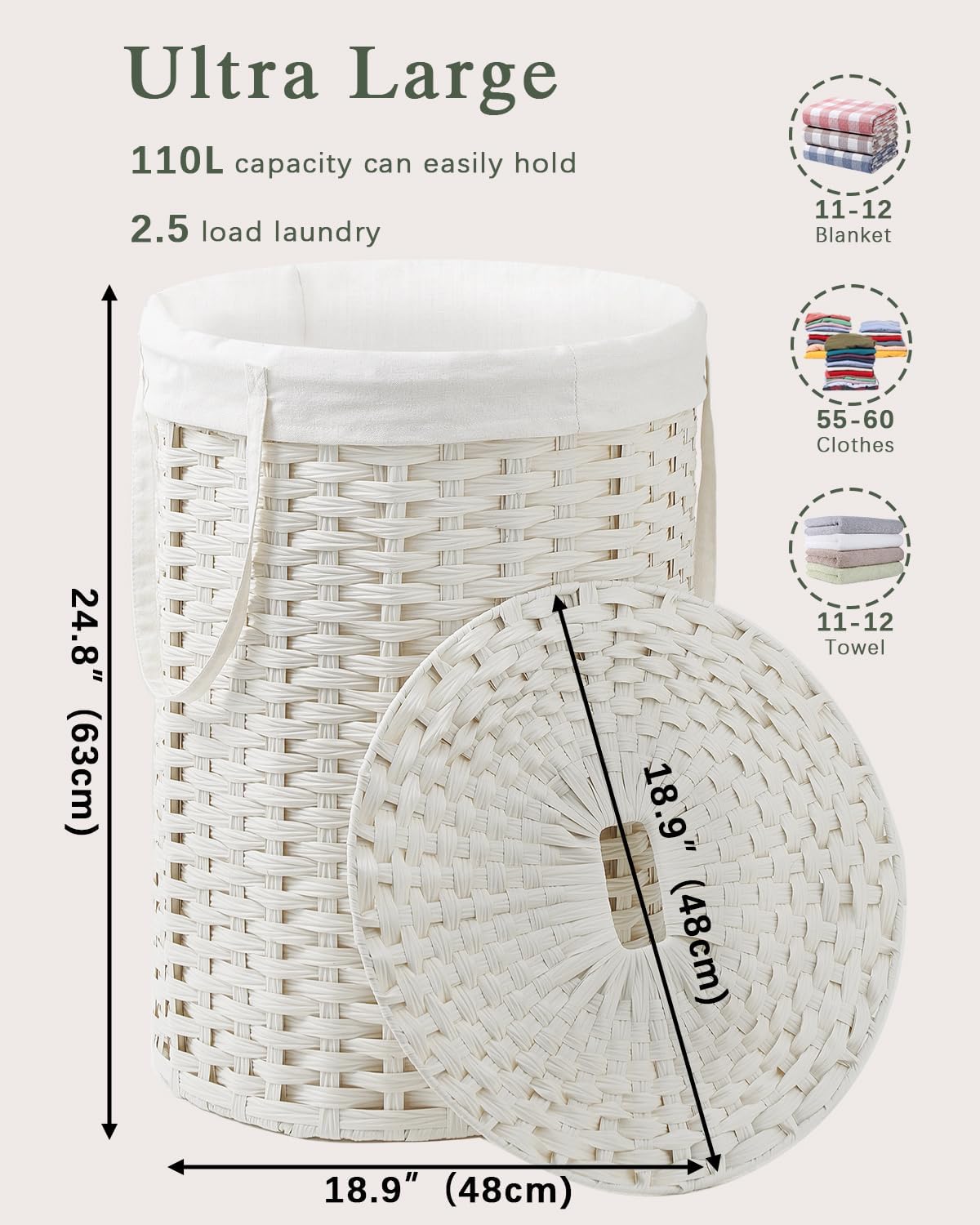 Laundry Basket with Lid Round Rattan Laundry Hamper with Lid and Handles 29.1 Gal (110 L) Handwoven Woven Basket with Removable Bags and 2 Mesh Bags for Bathroom Living Room White