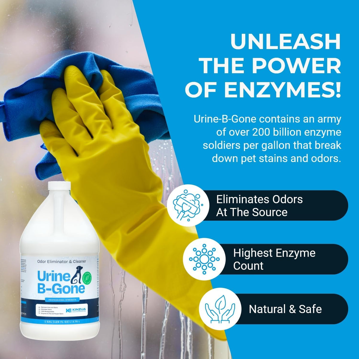 KINZUA ENVIRONMENTAL Urine B-Gone, Professional Enzyme Odor Eliminator & Pet Stain Remover, Human, Cat & Dog Urine Cleaner, Effective on Laundry, Carpets & More, Original Scent, 1 Gallon